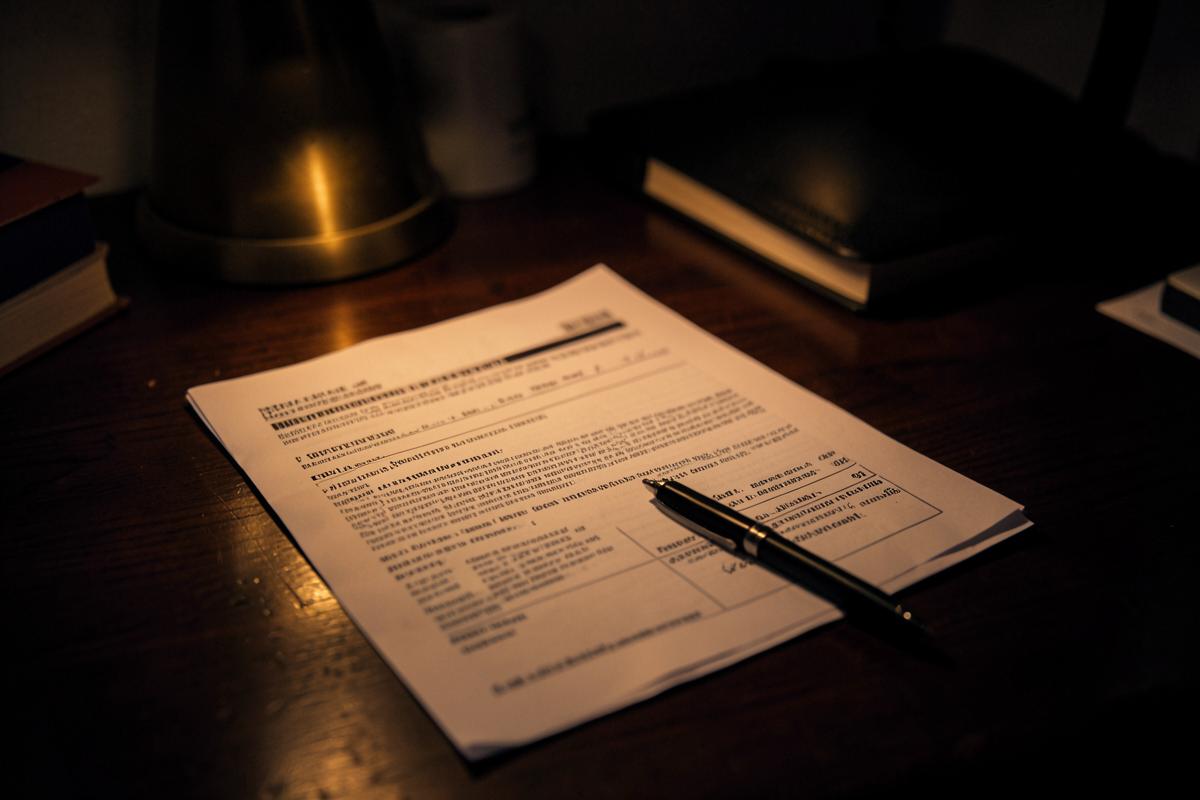Legal paperwork on a desk under warm lamp light