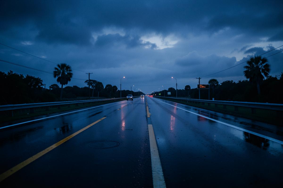 Florida highway at dusk after rain