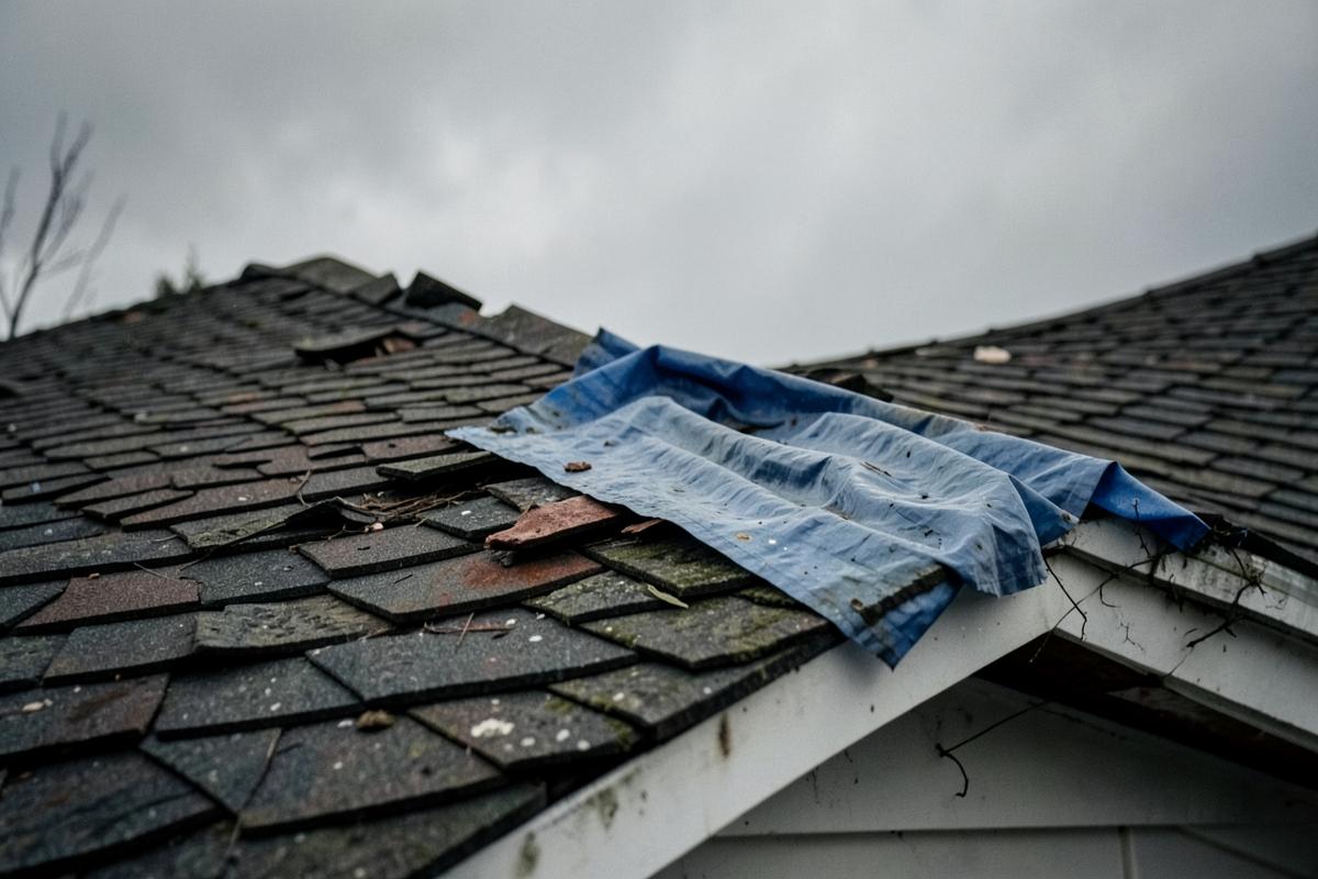 Hurricane damaged residential roof covered with a tarp